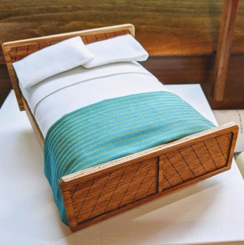 1" Bed - Oak with Teal Striped Silk Throw