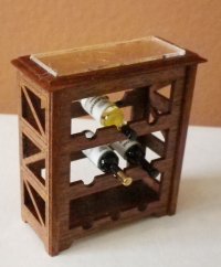 1" Scale Wine Rack Cherry & Goldleaf with 3 Bottles of Wine